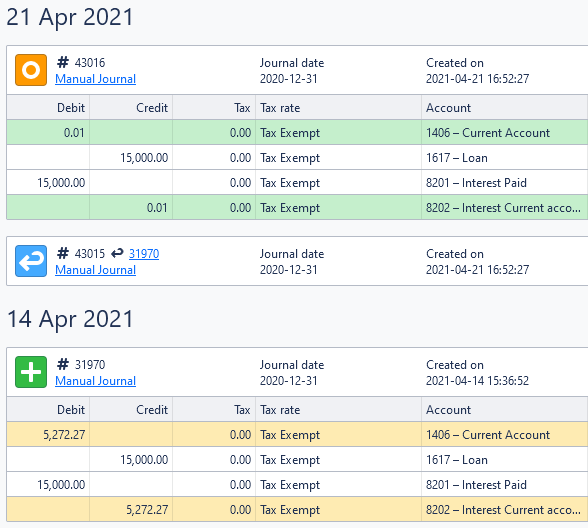 Screenshot of the trail report, showing three journal entries.