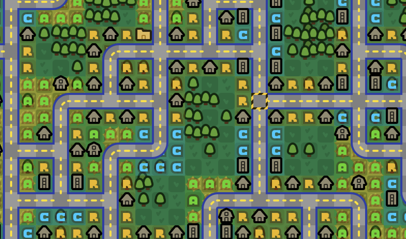 City zoning system with residential, commercial, and agricultural zones