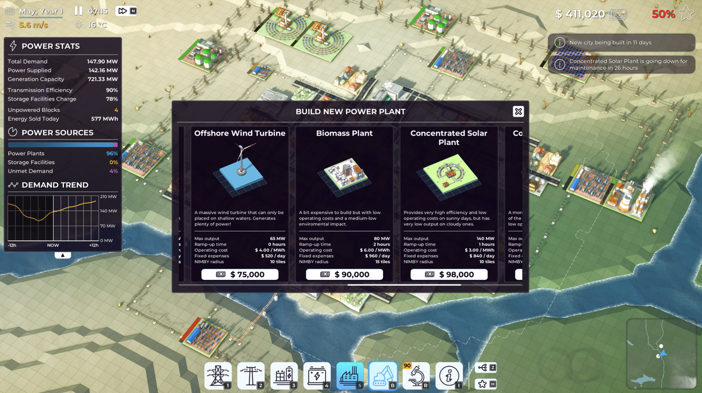 The native client build menu showing offshore wind turbines, biomass plants, and concentrated solar